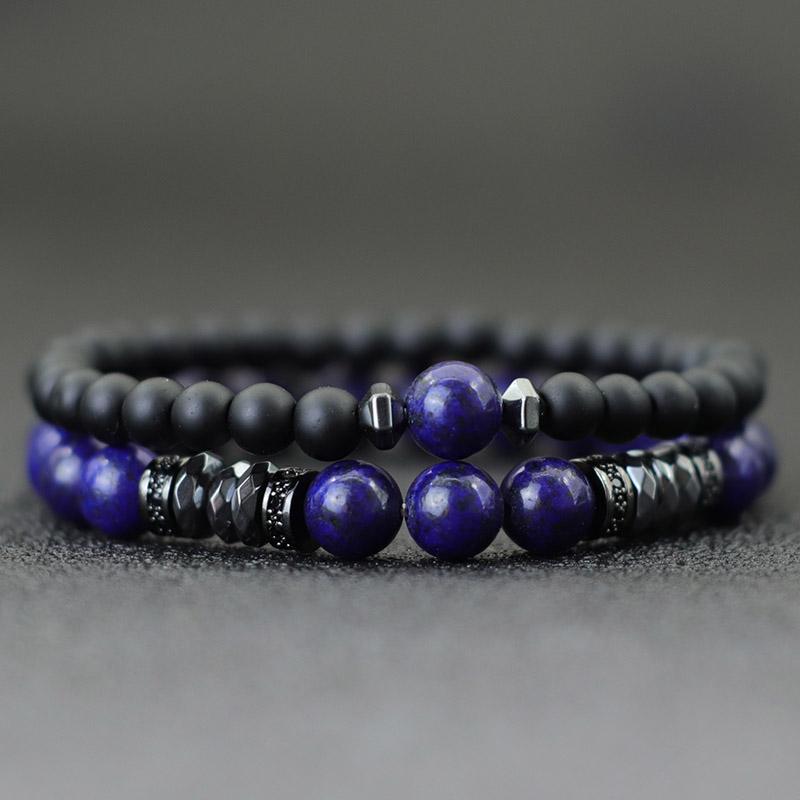 Novel 2 Pieces Men Bracelet Set 6mm 8mm Tiger Eyes Volcanic Rock Stone Beaded Braclet Luxury Zirconia Braslet Pulseria Hombre