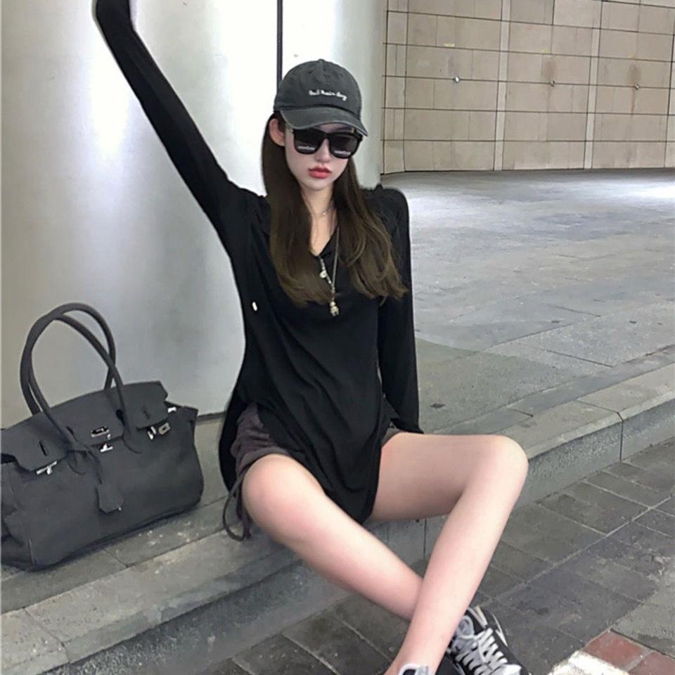 Ins Cienka, luźna koszulka z kapturem i długim rękawem Internet Celebrity Design Sznurowana na guziki z wysokim stanem