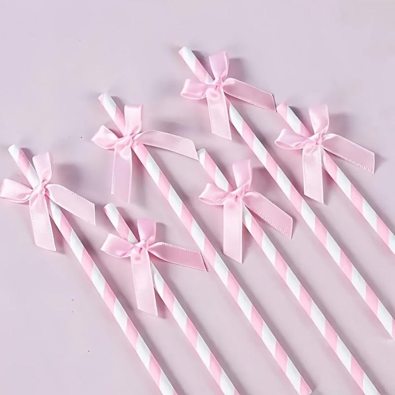 10pcs Pink Striped Bow Paper Straws with Ribbon Labels – Disposable Party Drinking Straws for Weddings, Bridal Showers