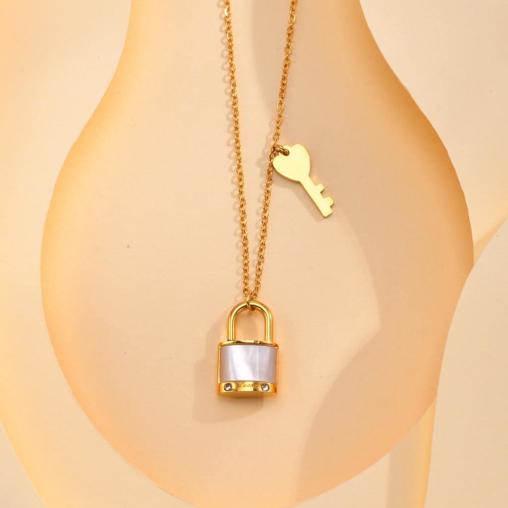 Stainless Steel Necklace Flat Cross Chain Shell Lock Key Personality Design, Women Unique Accessories for Birthday Party