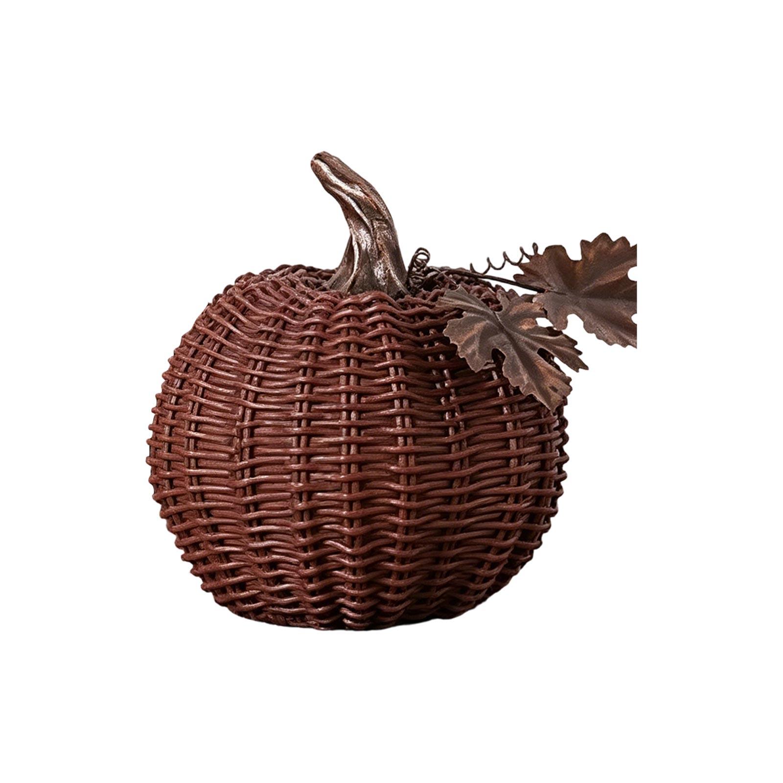 

Stacked Rattan Pumpkin with Metal Leaves Autumn Tabletop Decoration Rustic Woven Pumpkin Fall Harvest Ornament for Home One Size
