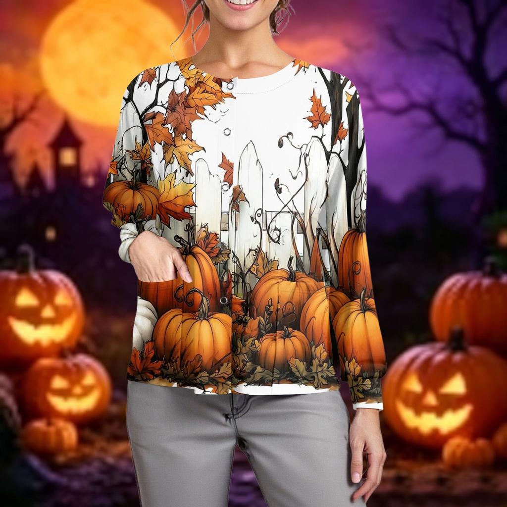 Women Casual Long Sleeve Button Up Cardigan Halloween Ghost Print Lightweight Knit Sweater Top for Caregivers and Everyday Wear