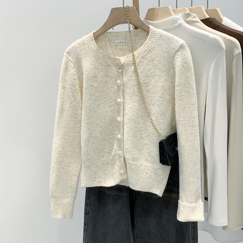 

Женский вязаный свитер с круглым вырезом, однотонный, осенне-зимний дизайн, топ, кардиган 3XL молочный белый