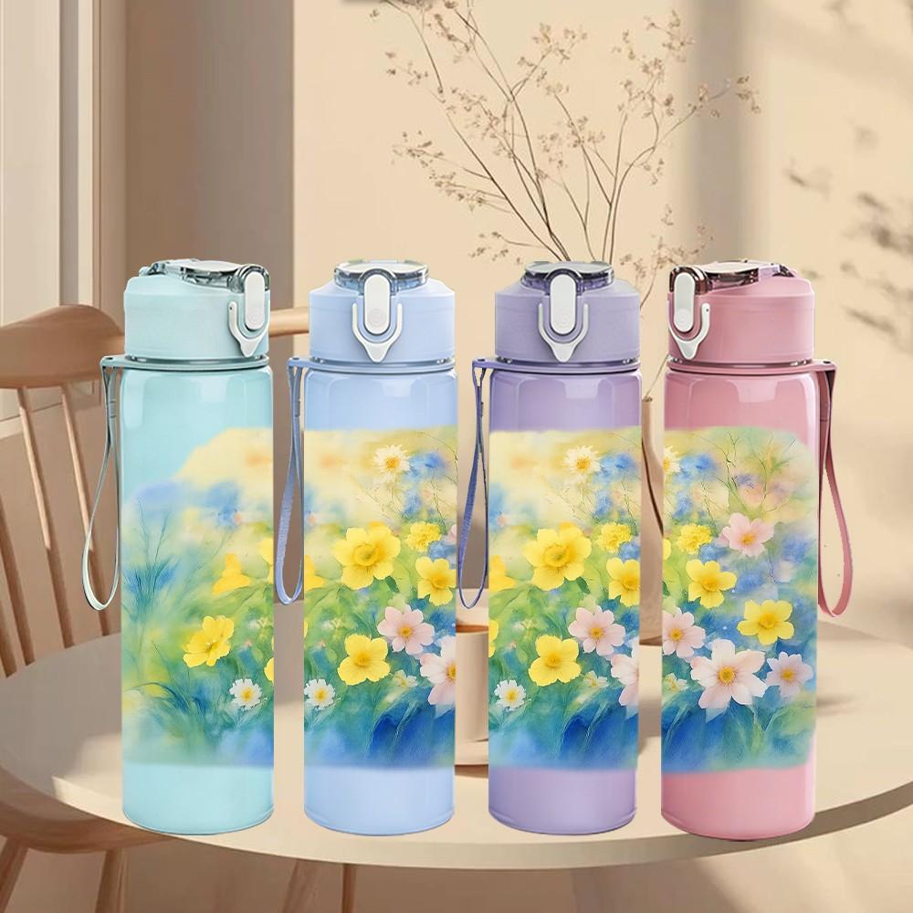 1PC Soft Pastel Blue Yellow Flower Print 750ml Color Plastic Sports Water Bottle Leakproof Flip Straw Lid Suitable for Sports Office Home Use
