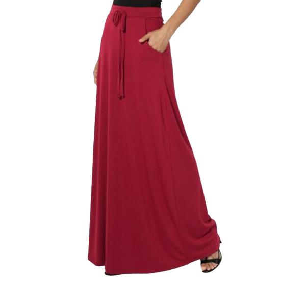 Women Maxi Skirt Adjustable Drawstring High-Waisted Solid Color Long Skirt with Pockets Casual Work Skirt