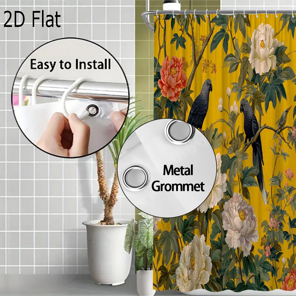 Vibrant Botanical Peony Floral Shower Curtain Yellow Background Luxury Garden Birds Waterproof Bathroom Decor Home Accent Curtai