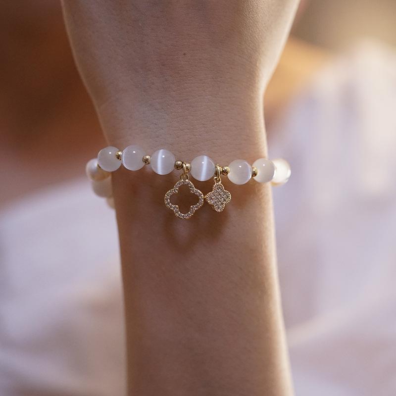 Elegant Crystal Bracelet White Stone Lucky Four Leaf Clover Bracelets for Women Jewelry Gift