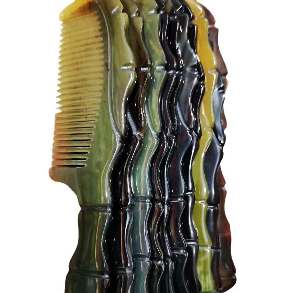 Handmade Black Buffalo Horn Comb - Genuine Anti-Static Massage Comb with Bamboo Floral Handle