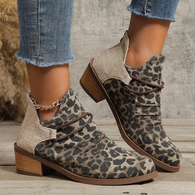 Women's Denim Boots Leopard Canvas Shallow Ankle Boots 2025 Autumn Casual Ladies Mid Heels Pointed Toe Female Woman Flats Shoes