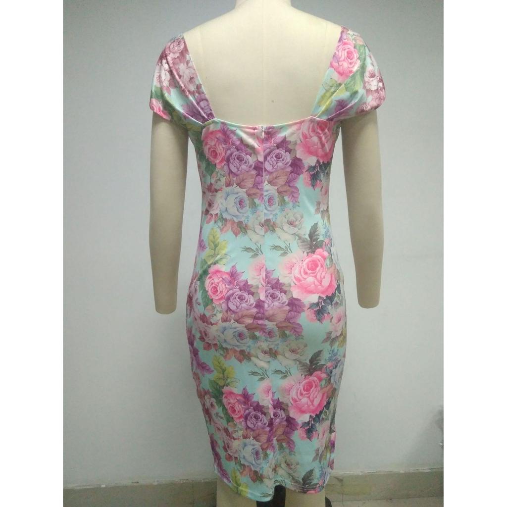 2020 Summer Rose Print Sweetheart Neck Scallop Shoulder Slimming Women's Dress