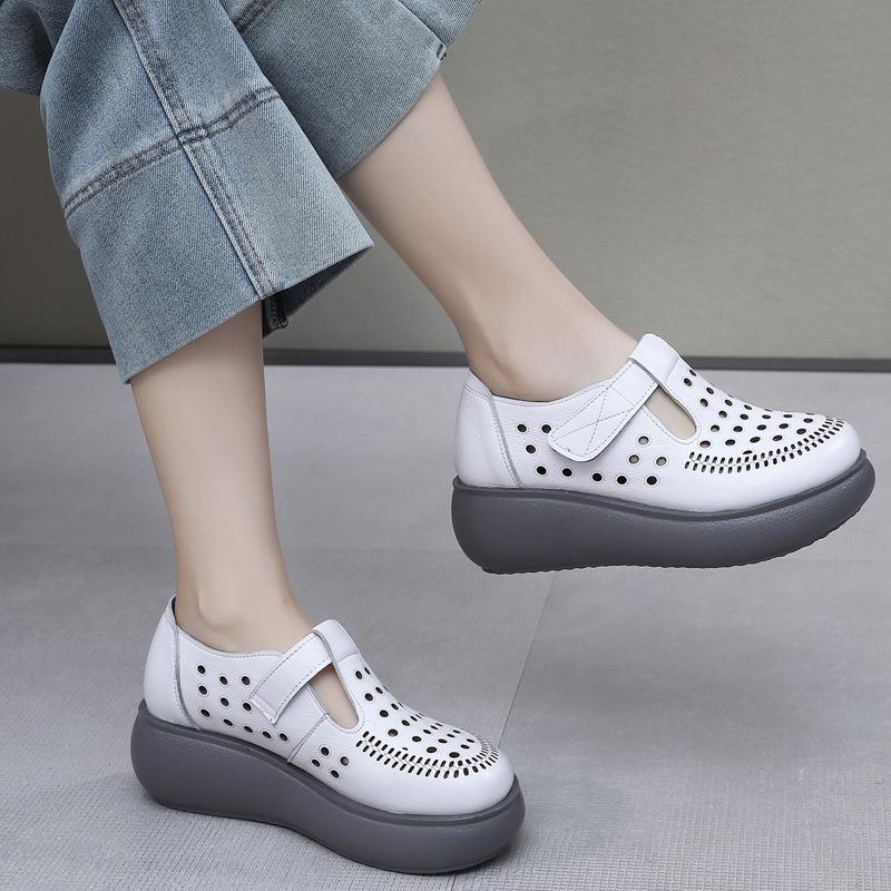 GKTINOO Genuine Leather Shoes Wedges Women Sandals 2025 New Spring Summer Hook & Loop Hollow Platform Sandals Large Size