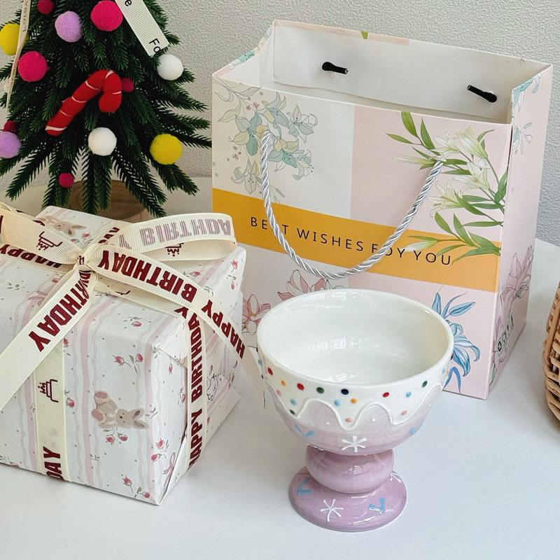 Cute Hand-painted Ice Cream Cup Household Dessert Bowl Yogurt Cup High Value Breakfast Oat Cup Girl Birthday Gift