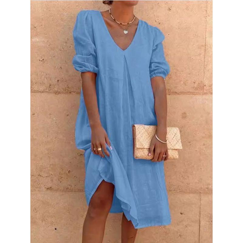 Solid Color V-neck Short Sleeve Dress Women Solid Color and V-neck Short Sleeve Dress
