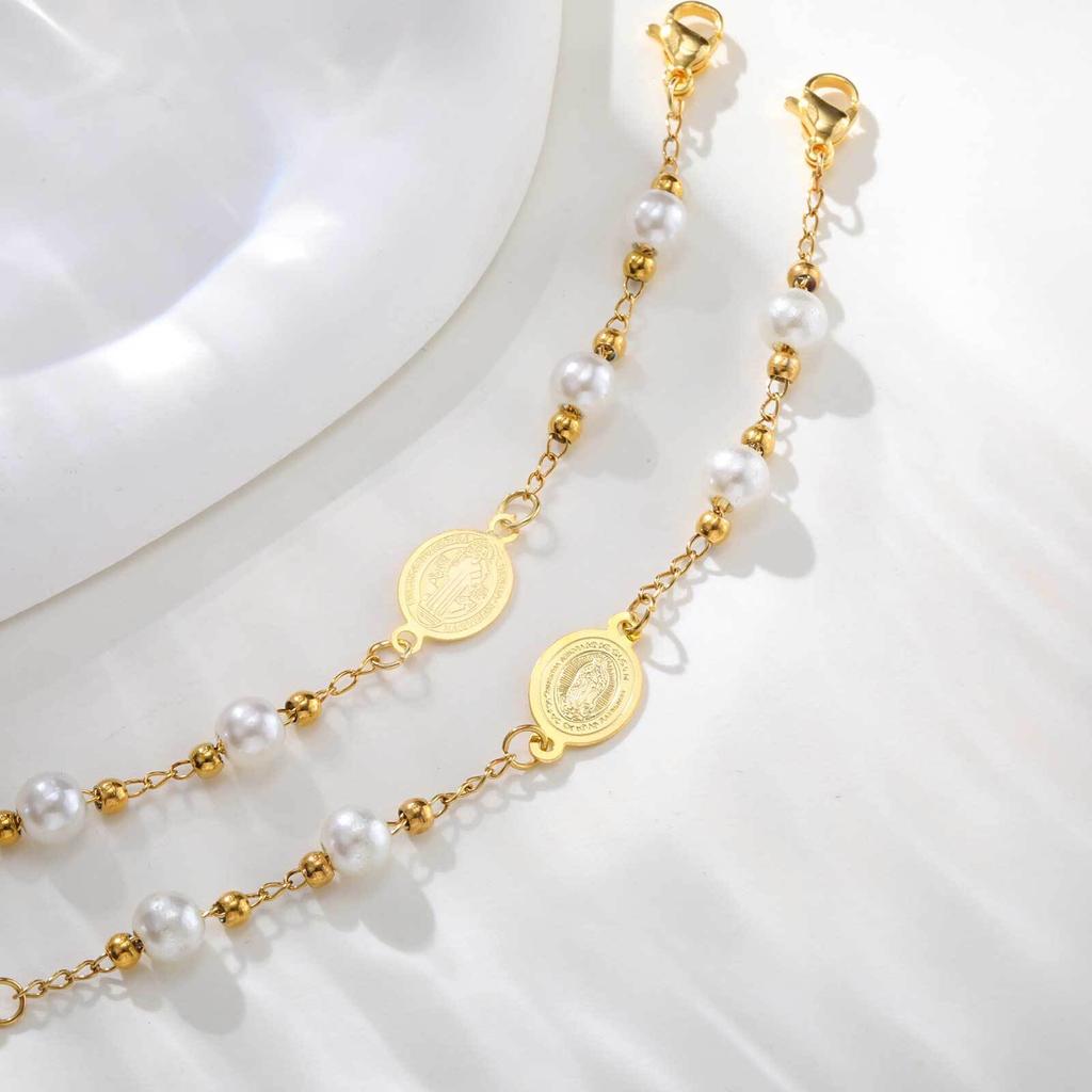 Xiaomi Vnox Metal Virgin Mary Saint Benedict Cross Bracelet, Stainless Steel Bead Pearl Chain Bracelets For Women Religious Jewelry