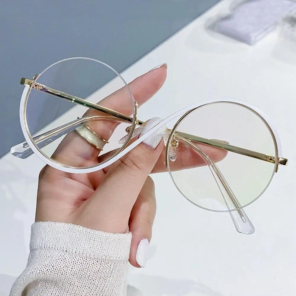 Round Semi-Rimless S Shape Glasses Women Eyeglasses Big Frame Clear Lens Optical Eyewear Vintage Anti-Blue Light Glasses