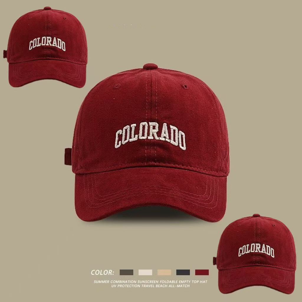 

Summer Korean Style for Women COLO Embroidered baseball cap with a large hard brim for men with large head sizes, makes the face appear smaller, COLO Letter Embroidery La вино красного