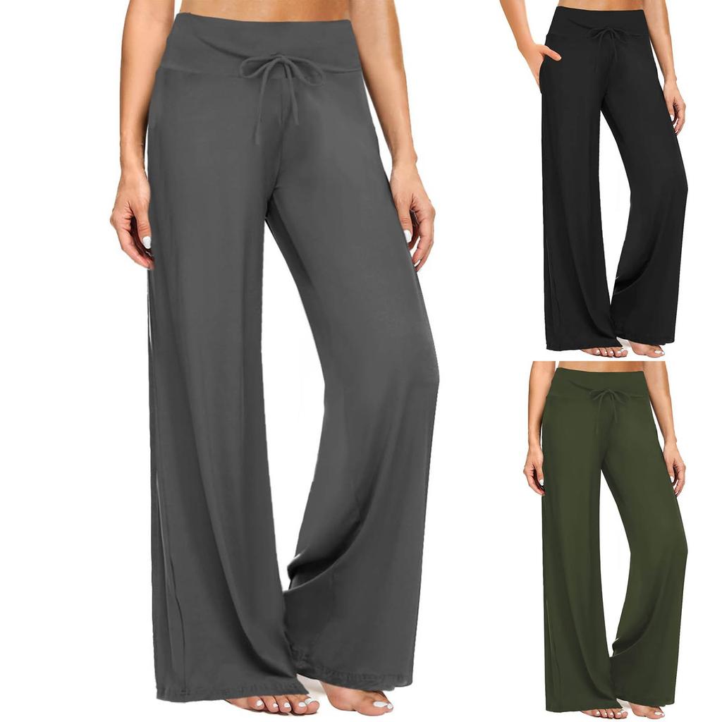 Womens Wide Leg Pants Summer Casual Loose  Elastic Waist  Trousers Yoga Pants With Pockets