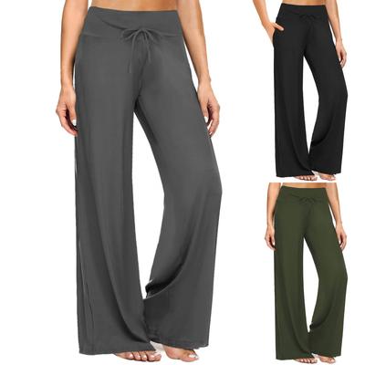 Damen Hose mit weitem Bein, Sommerhose, lässig, locker, elastische Taille, Yogahose mit Taschen