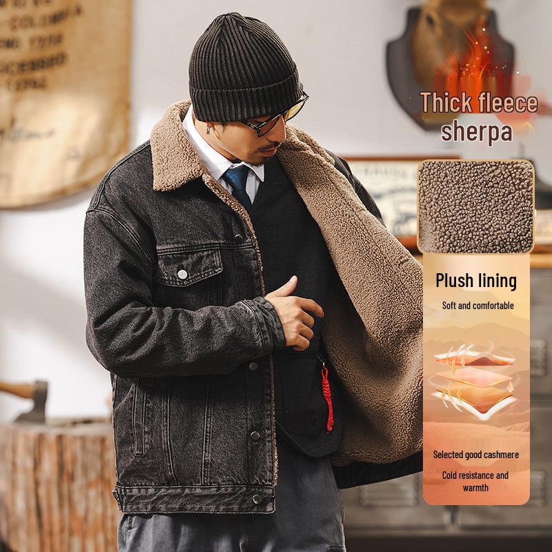 Мужская зимняя джинсовая куртка в американском ретро стиле из овчины M серый