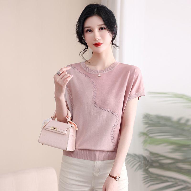 Summer Women's Ice Silk Knitted T-shirt Thin Middle-aged and Elderly Women's Knitted Top