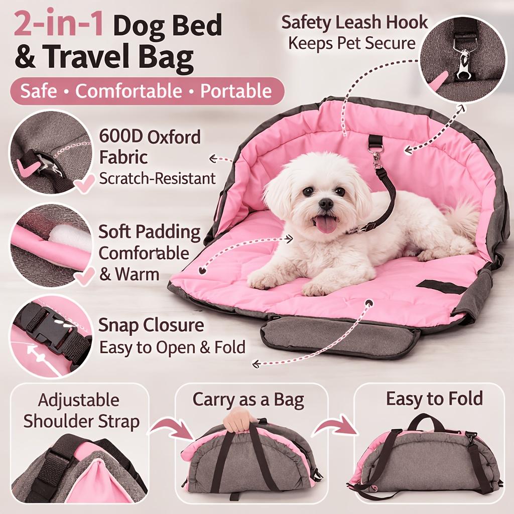 Paw Sauvy Two In One Pet Bed Travel Bag Portable Foldable Dog Soft Scratch Resistant Leash Hook Camping Outdoor Daily Travel Use