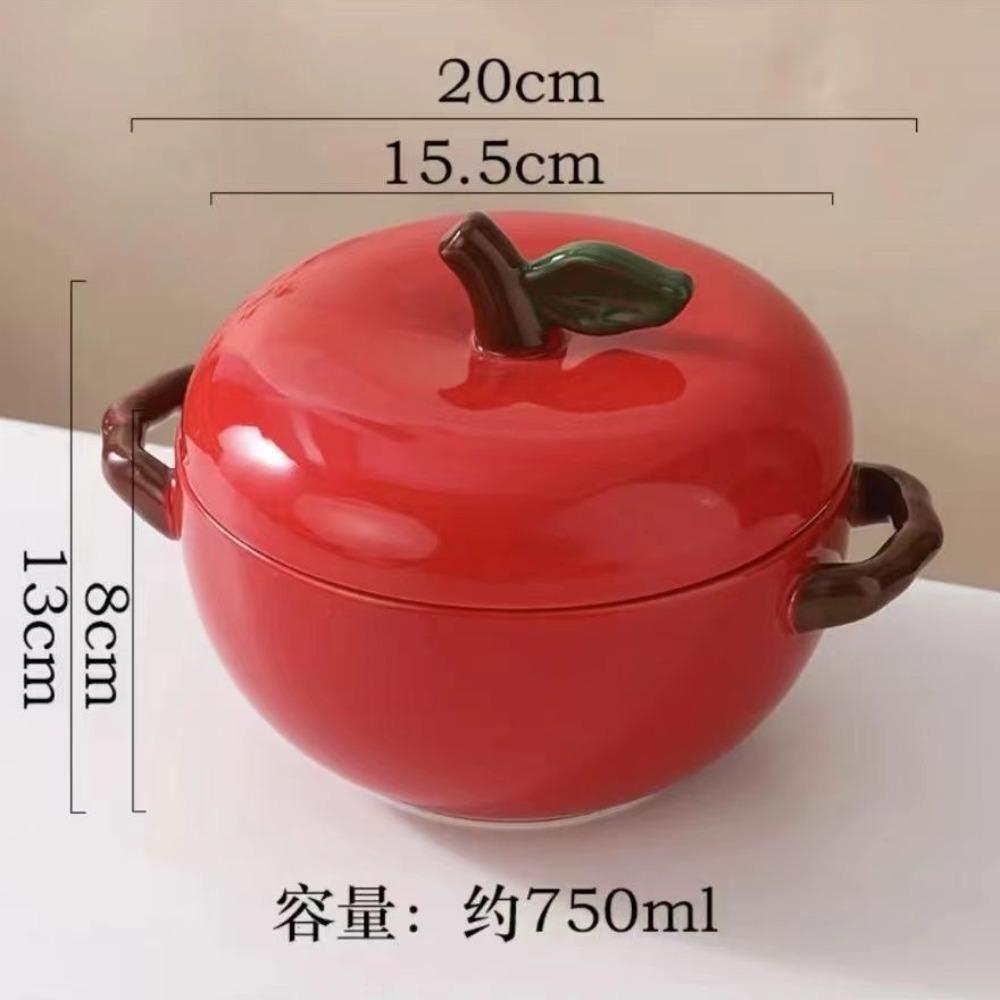 Green Apple Ceramic Binaural Soup Bowl with Cover Household Creative Student Dormitory Instant Noodles Pasta Bowl Tableware