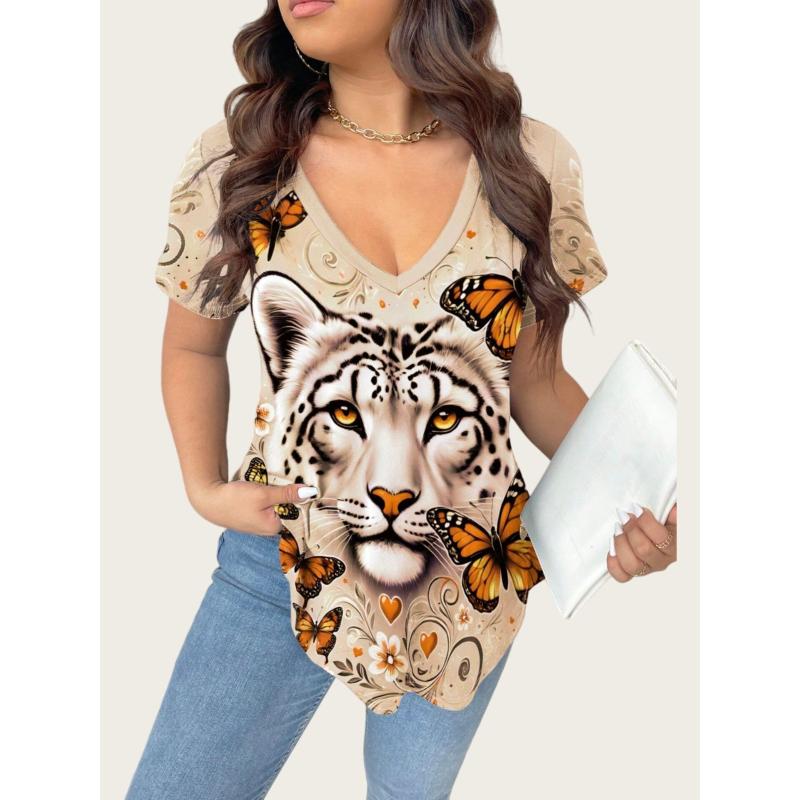 Women's Summer Short Sleeve T-Shirts V-Neck Tiger Printed Shirts Loose Plus Size Pullover Tops