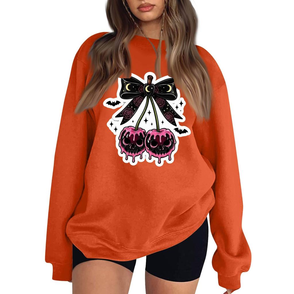 Women's Comfortable Casual Sweatshirt with Long Sleeve, Round Neck, Loose Fit, Small Halloween Print and Color Options
