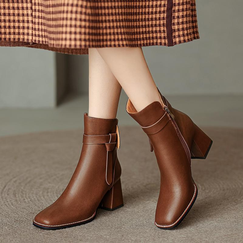 2024 Autumn/winter Women Boots Square Toe Chunky Heel Shoes Split Leather Short Boots for Women Side Zip High Heel Retro Boots