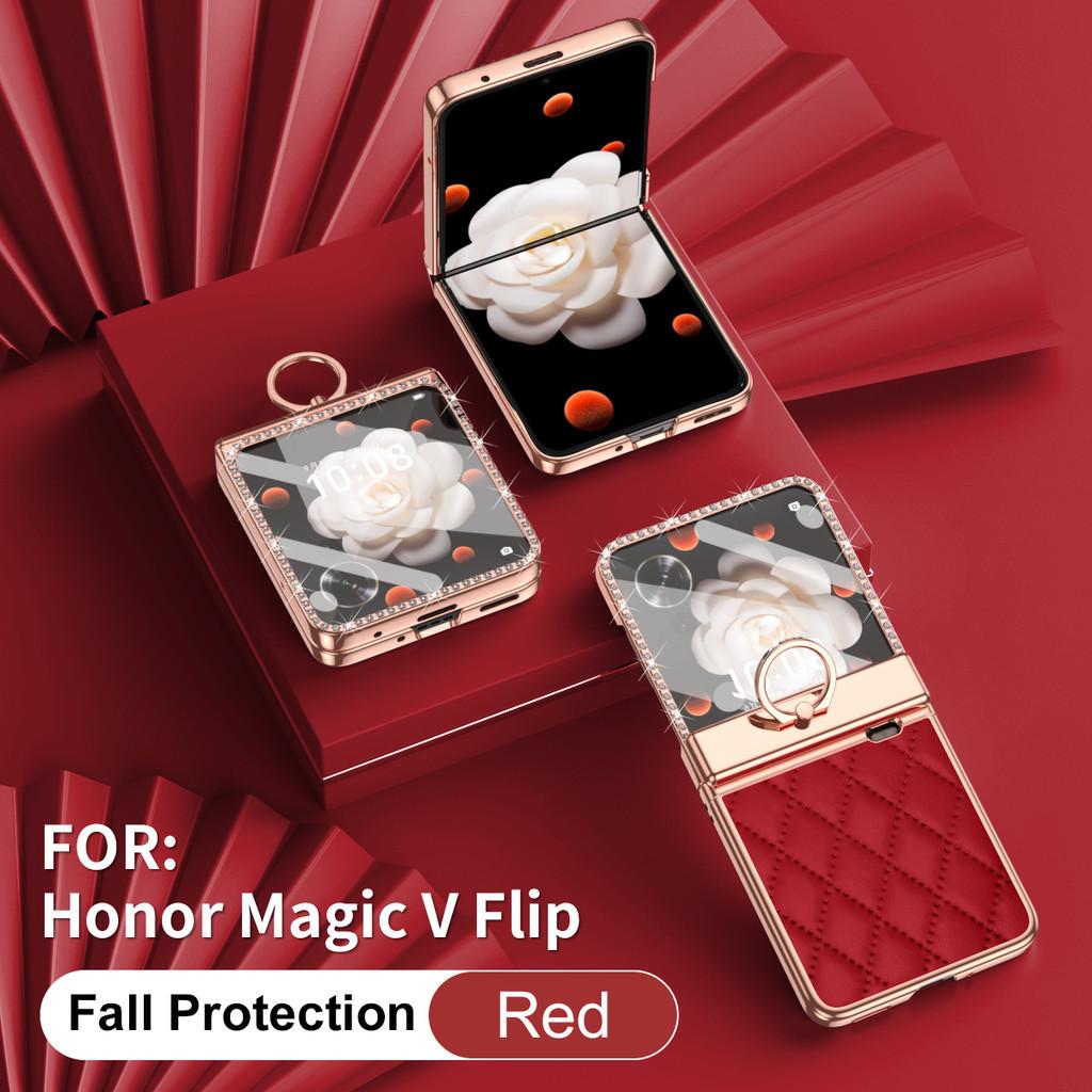 Galvanisiertes Lederetui mit Fingerringhalter für Honor Magic V Flip. Luxuriöse Linsenschutzbeschichtung mit Diamanten für Honor MagicV Flip LRA-AN00