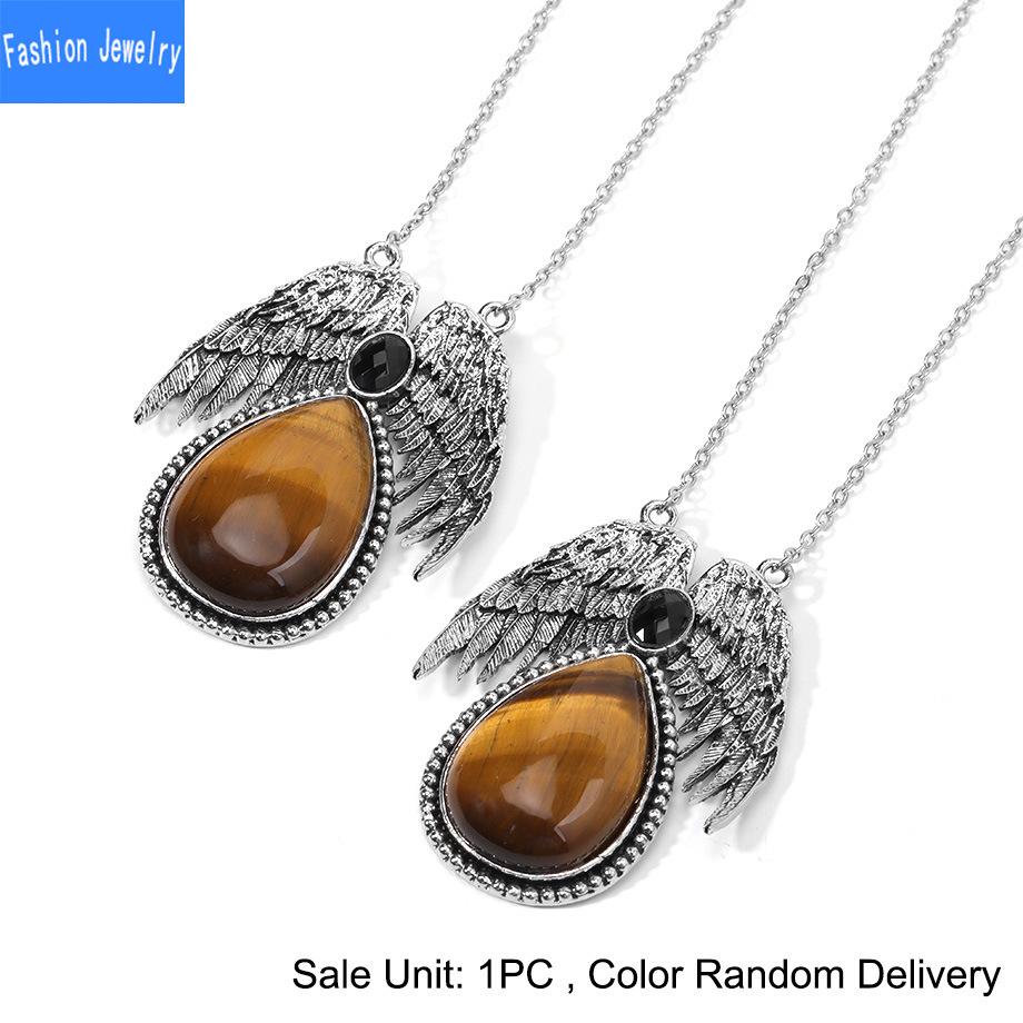 European and American Trendy Personalized Angel Wings Natural Crystal Stone Drop-shaped Pendant Necklace Jewelry