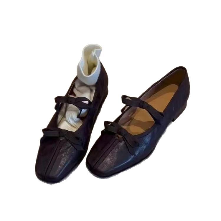 Square Head Retro Bow Mary Jane Shoes Women's New Shallow Mouth One Pedal Low Heel Ballet