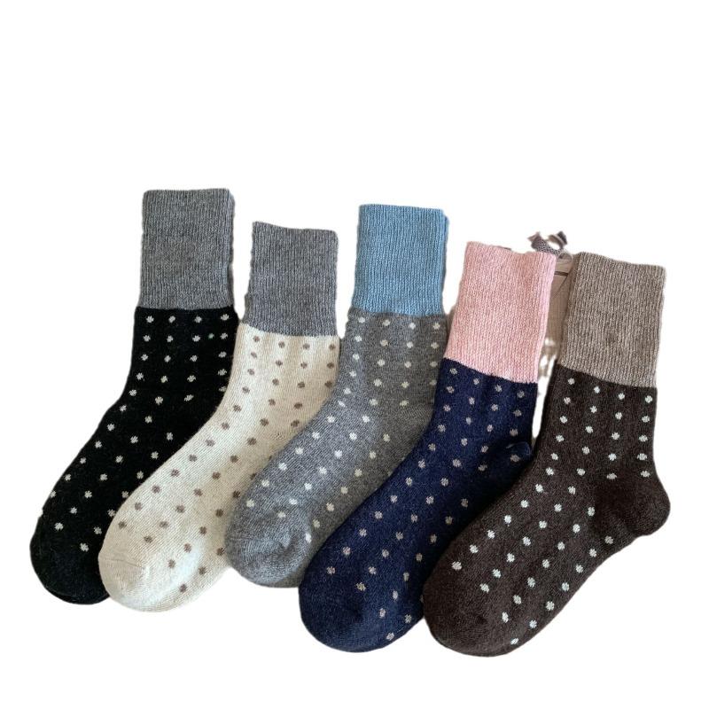 Thick and Warm Wool Polka Dot Socks for Autumn and Winter, Color-blocking Men's Mid-calf Pile Socks for Women