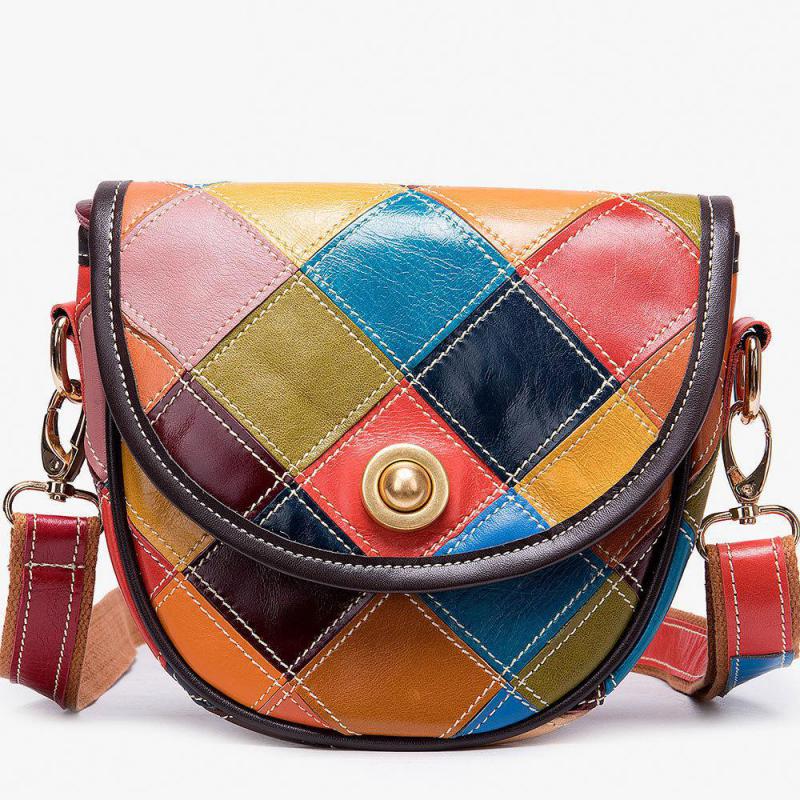 Johnature Genuine Leather Color Splicing Women Bag Vintage Soft Cowhide Versatile Plaid Shoulder & Crossbody Bags