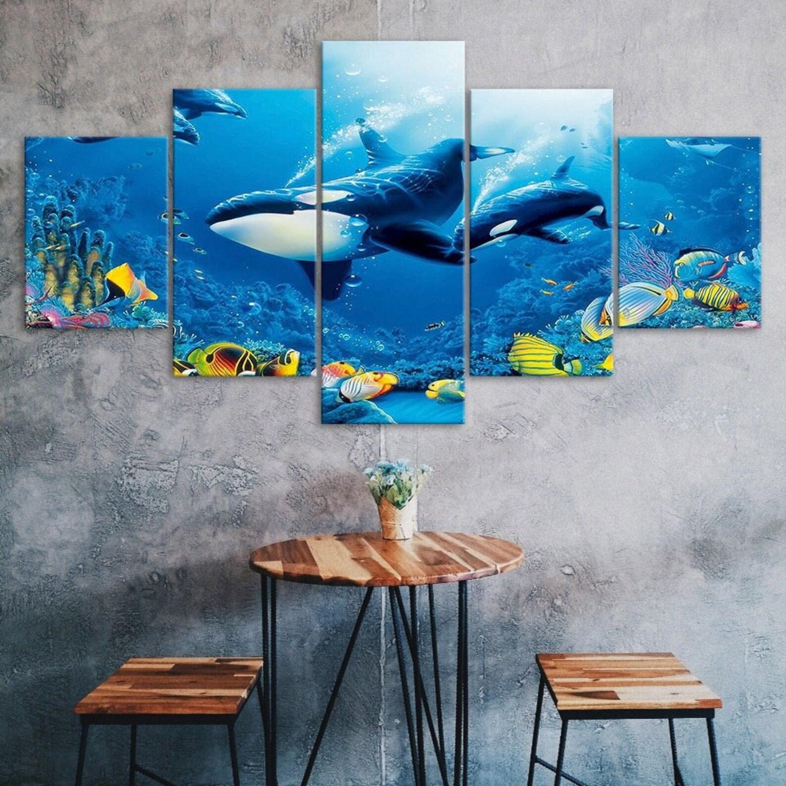 

Whale Goldfish Deep Blue Ocean Scenery 5 Piece Five Panel Wall Canvas Print Modern Art Poster Picture Home Decor Gift For Him Her 20X35 20X45 20X55CM