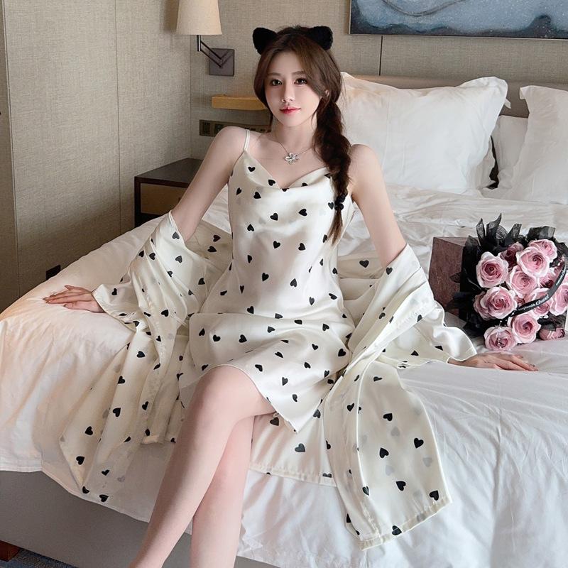 Spring and Summer Ice Silk Nightgown Sexy Suspender Women's Pajamas Thin Nightgown Printed Homewear Bathrobe Two-piece Set