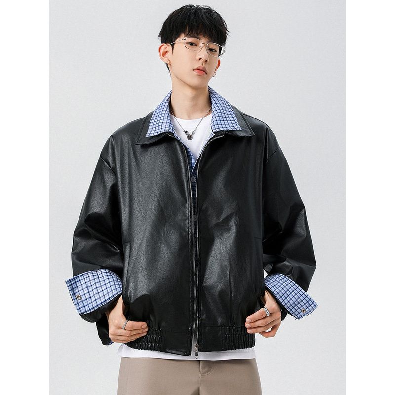 Wassup Autumn American Style Short Plaid Fake Two-Piece Lapel Jacket Men's Loose Casual Fashion Versatile Coat