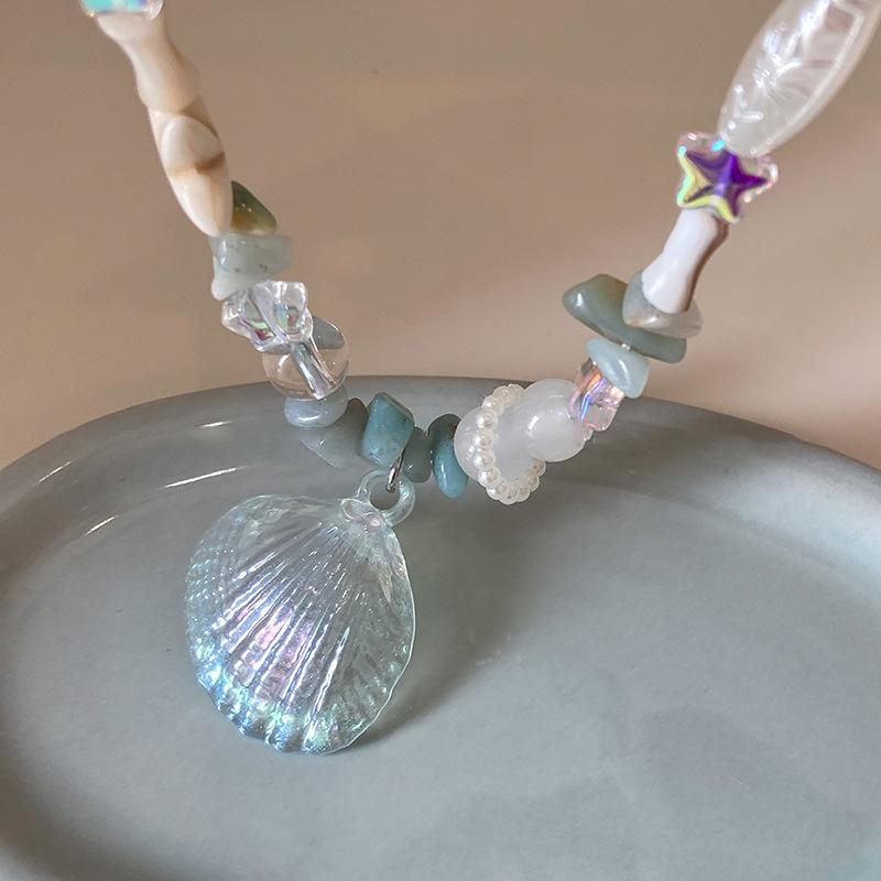 Fashion Blue Shell Starfish Necklace for Women Sweet Irregular Colorful Acrylic Beaded Necklace Crystal Chokers Zircon Gifts