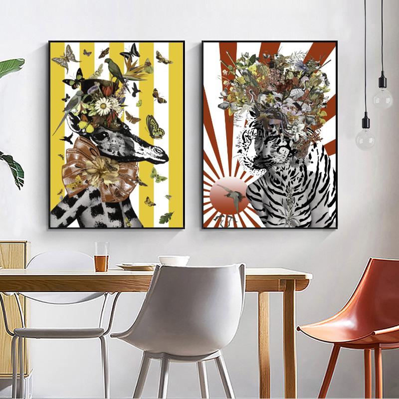 Wall Art Abstract Animal Zebra Lion Bird Butterfly Feather and Sexy Women Face Canvas Painting Wall Pictures for Room Decoration No Frame
