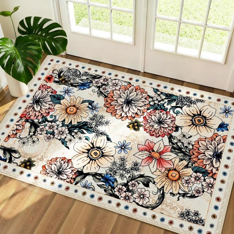 Retro Floral Door Mat Black Vintage Flower Pattern Entrance Floor Rug Luxury Boho Home Decor Carpet Soft Non-Slip Welcome Mat