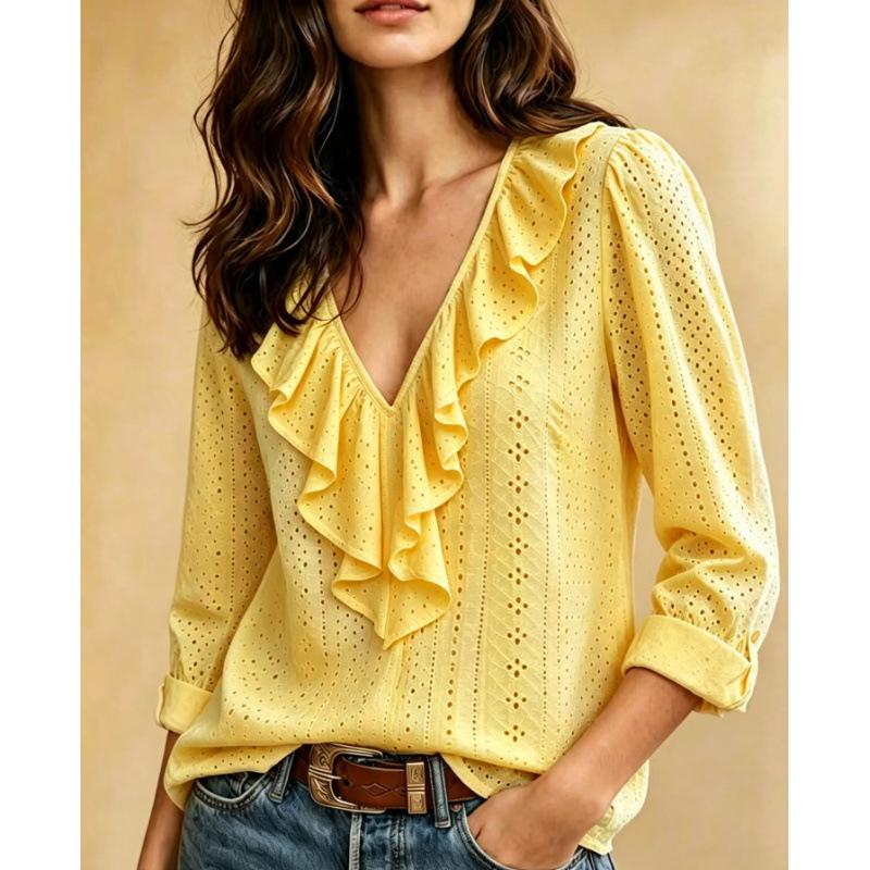 European and American Women's Clothing, New Long-sleeved V-neck Ruffle Edge Solid Color Temperament Elegant Slim-fitting Versatile Top