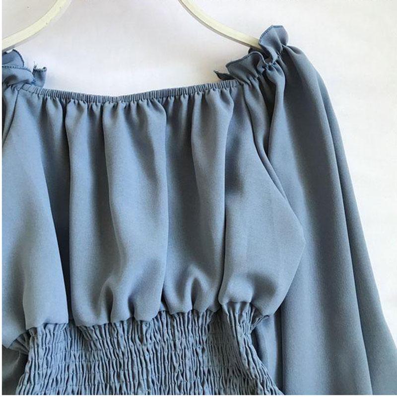 Women's Ruffled Chiffon Shirt Short Top Sexy Off-the-shoulder Off-the-shoulder Long Sleeve Waist Shirt Women Blouse Lantern Sleeve