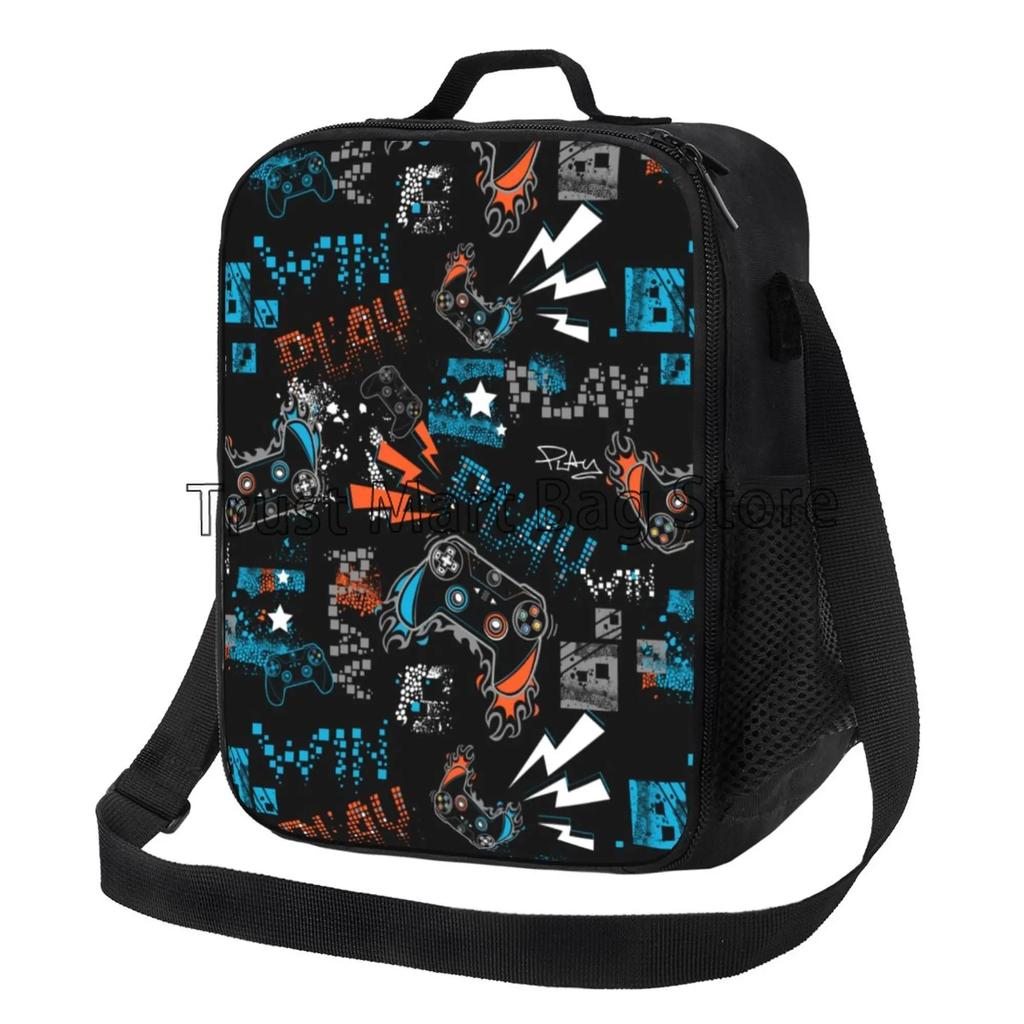 Colorful Video Game Lunch Bags Thermal Lunch Box Insulated Cooler Bag Reusable Tote Shoulder Bag for Outdoor Picnic Meal Office