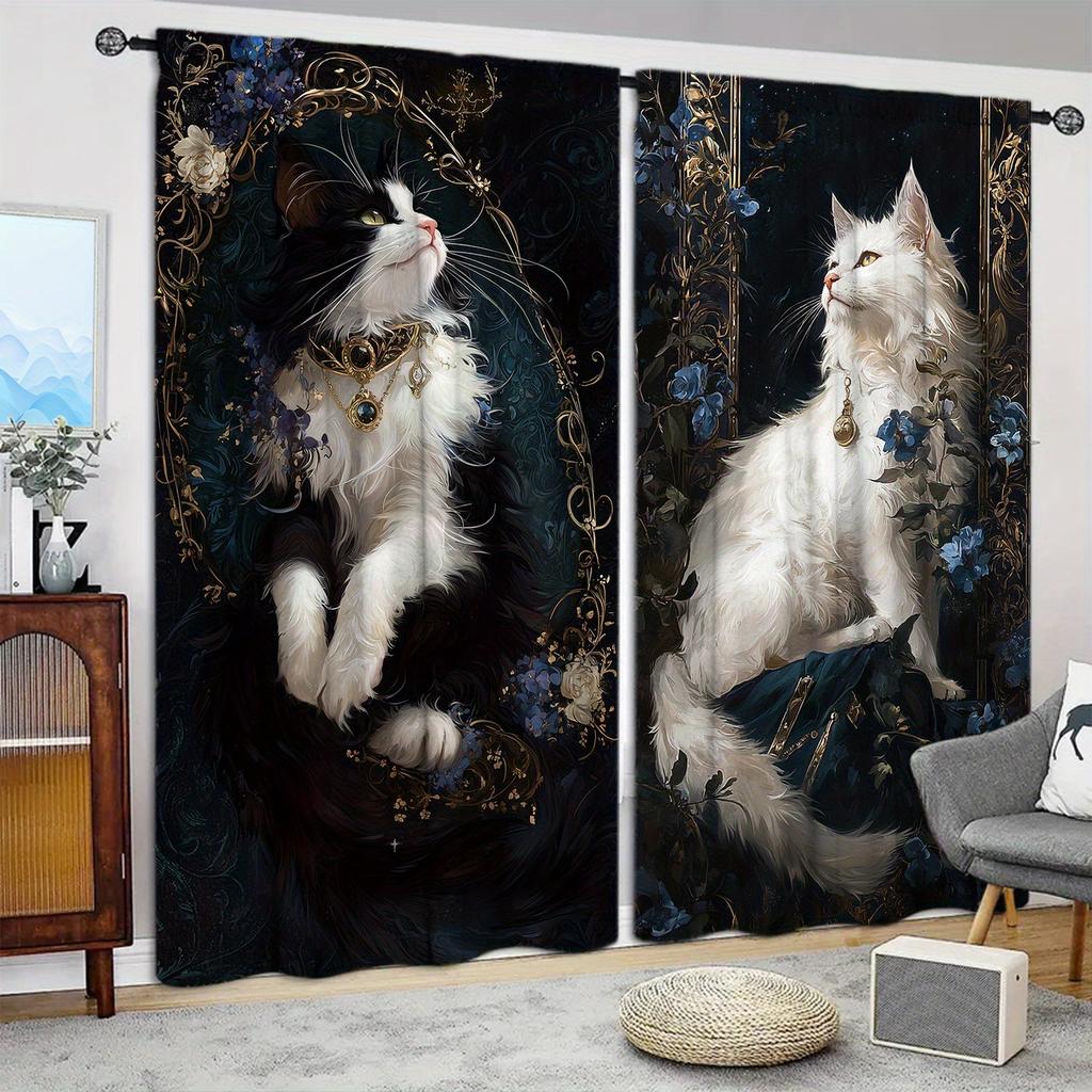Black White Cat Print Curtains Polyester Stylish Bedroom Office Kitchen Living Room Study Decor Set Of 2 Made With Rod Pocket Great