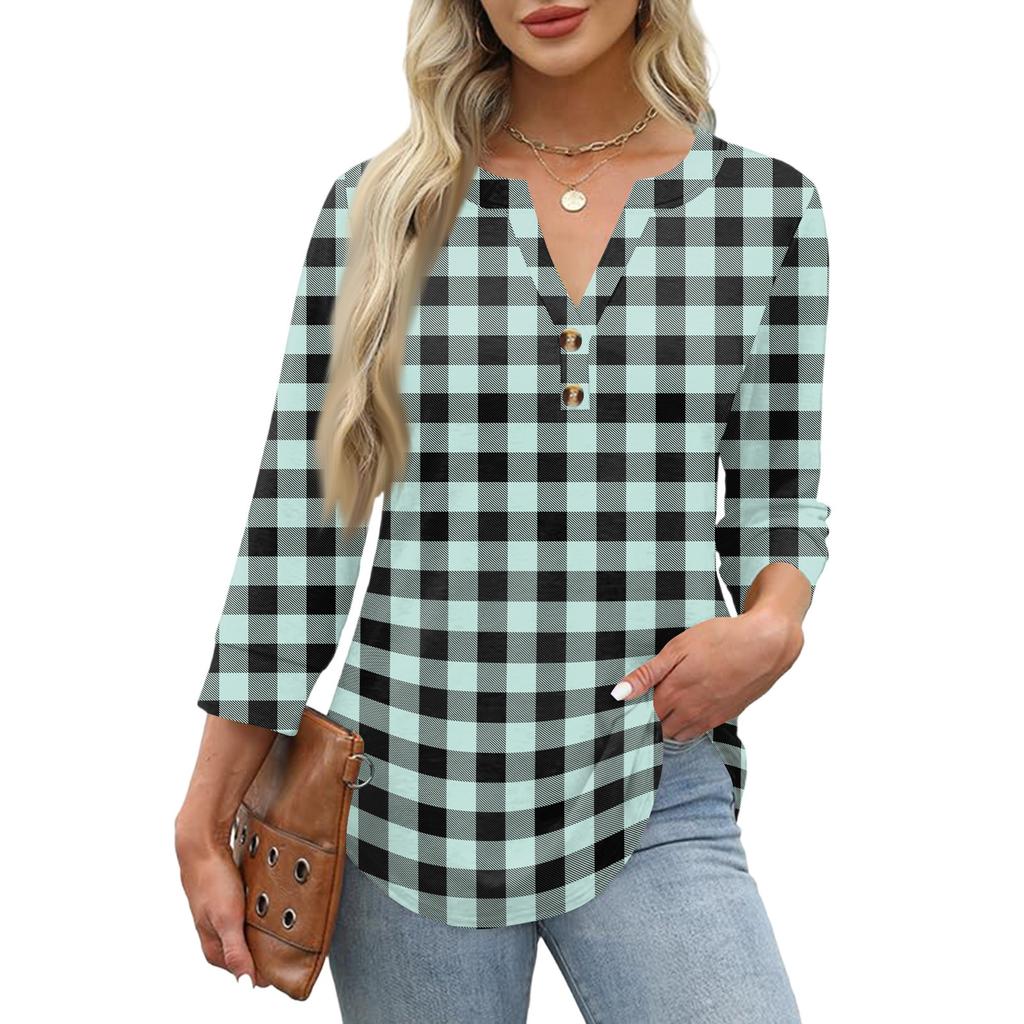 Damen Freizeit Karo Print Ausschnitt 3/4 Ärmel T-Shirt Top für den Alltag und das Wochenende