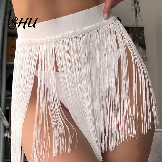 Softness Tassel Strap Skirt Women Sexy Beach High Waist Tassels Summer Quick Drying Solid Color Fringe Mini Party Costume Clubwear Short