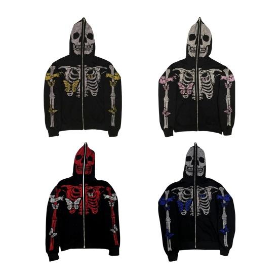 Unisex halloweenská mikina s kapucí drahokamu Ghost vzor kostry zapínání na zip Kapsy s kapucí dlouhé rukávy party cosplay kostým podzim zimní bunda