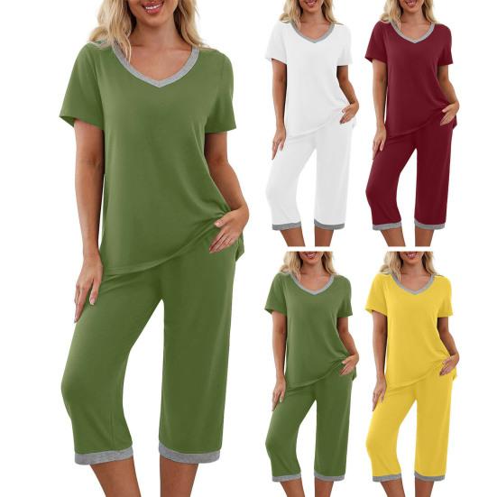 2 stk/sett Pyjamassett V-hals Kontrastfarge Kortermet løs hjemmeklær Elastisk midje Cropped Bukser Sommer