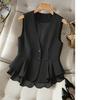 Dámská elegantní vesta s V-výstřihem a peplum, bez rukávů, zapínání na knoflíky, blazer vesta s vrstveným šifonovým lemem pro Business Casual do kanceláře