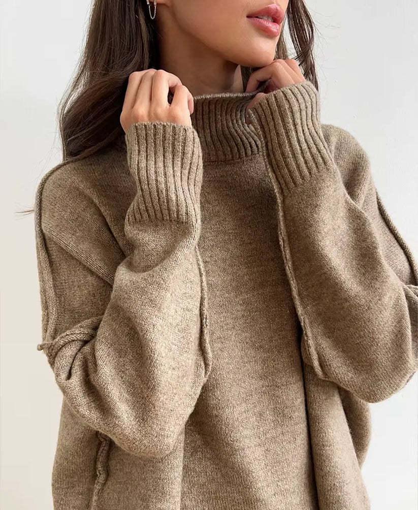 2025 Autumn/Winter Casual Solid Color Knitted Sweater Set: Loose High Neck and Pants